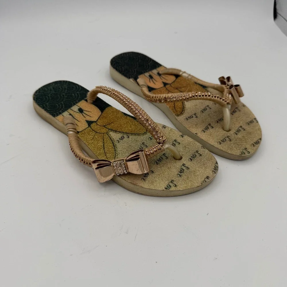 Disney Flip Flops Women Size 37/8 Good Gold Minnie Mouse Rhinestone Bow Sandals